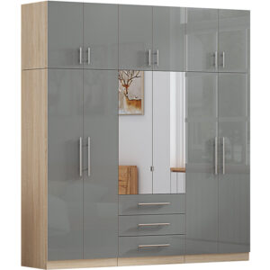 High Gloss Topbox 6 Door Dark Grey Mirrored Fitment Wardrobe + Double Dresser + Chest + 2 Bedsides - Image 10