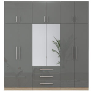 High Gloss Topbox 6 Door Dark Grey Mirrored Fitment Wardrobe + Double Dresser + Chest + 2 Bedsides - Image 2