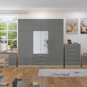High Gloss Topbox 6 Door Dark Grey Mirrored Fitment Wardrobe + Double Dresser + Chest + 2 Bedsides - Image 3