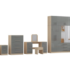 High Gloss Topbox 6 Door Dark Grey Mirrored Fitment Wardrobe + Double Dresser + Chest + 2 Bedsides - Image 4