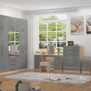 High Gloss Topbox 6 Door Dark Grey Mirrored Fitment Wardrobe + Double Dresser + Chest + 2 Bedsides - Image 5