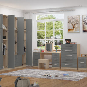 High Gloss Topbox 6 Door Dark Grey Mirrored Fitment Wardrobe + Double Dresser + Chest + 2 Bedsides - Image 6