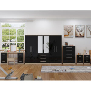 High Gloss Black, 6 Door Wardrobe + Double Dresser + Chest + 2 Bedsides - Image 9