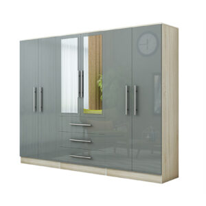 Gloss Grey Large Wardrobe - 6 Door 3 Drawers & Long Mirror - Image 3