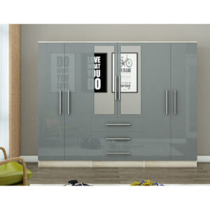 Gloss Grey Large Wardrobe - 6 Door 3 Drawers & Long Mirror - Image 2