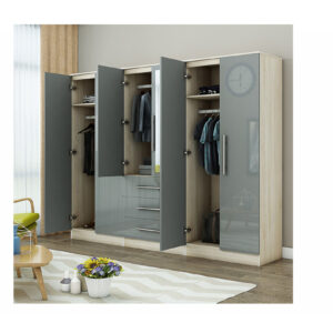 Gloss Grey Large Wardrobe - 6 Door 3 Drawers & Long Mirror - Image 4
