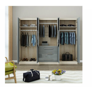 Gloss Grey Large Wardrobe - 6 Door 3 Drawers & Long Mirror - Image 5
