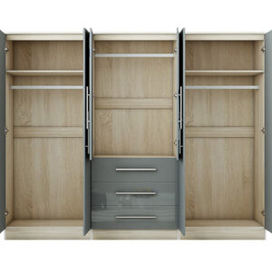 Gloss Grey Large Wardrobe - 6 Door 3 Drawers & Long Mirror - Image 6