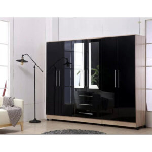 Gloss Black Large Wardrobe - 6 Door 3 Drawers & Long Mirror - Image 2