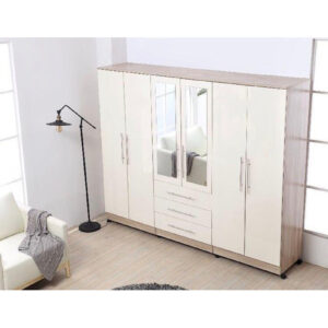 Gloss White Large Wardrobe - 6 Door 3 Drawers & Long Mirror - Image 1