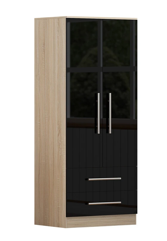 High Gloss Black Wardrobe with 2 Doors and 2 Drawers