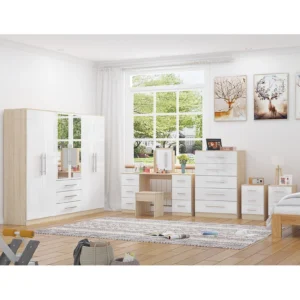 High Gloss White Wardrobe Set including 6 Door Wardrobe, Dresser, Chest and Bedsides