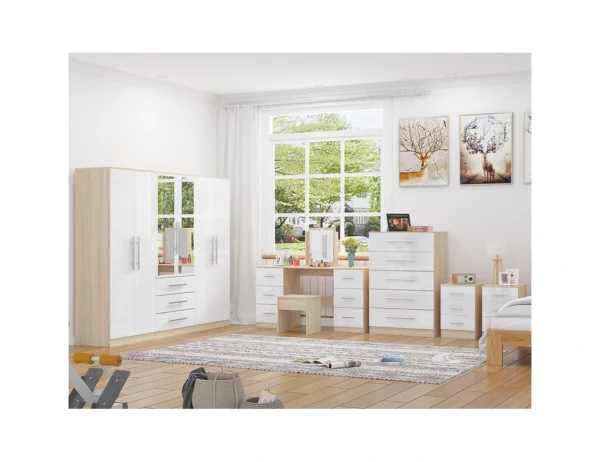 High Gloss White 6 Door Wardrobe Set with Dresser, Chest and Bedside Tables High Gloss White Wardrobe Set including 6 Door Wardrobe, Dresser, Chest and Bedsides