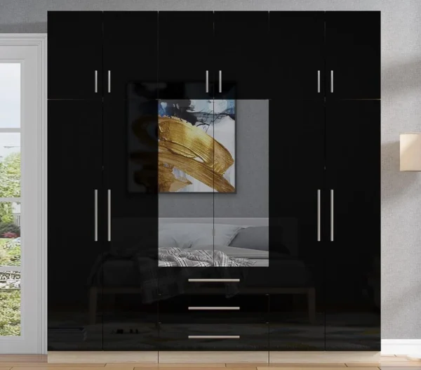 Topbox 6 Door Mirrored Fitment Wardrobe High Gloss Black High Gloss Black 6 Door Mirrored Fitment Wardrobe with Topbox