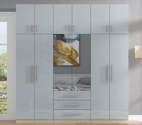 Topbox 6 Door Mirrored Fitment Wardrobe High Gloss Grey High Gloss Grey 6 Door Mirrored Fitment Wardrobe with Topbox