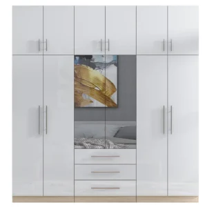 High Gloss White 6 Door Mirrored Fitment Wardrobe with Topbox