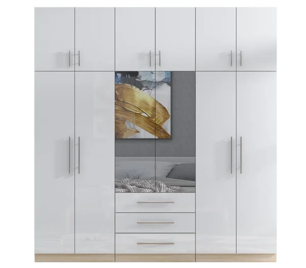 Topbox 6 Door Mirrored Fitment Wardrobe High Gloss White High Gloss White 6 Door Mirrored Fitment Wardrobe with Topbox