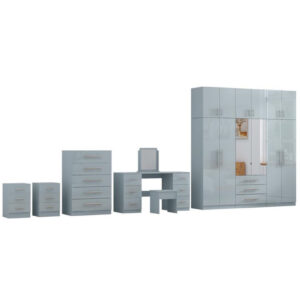 High Gloss Topbox 6 Door Light Grey Mirrored Fitment Wardrobe + Double Dresser + Chest + 2 Bedsides - Image 1